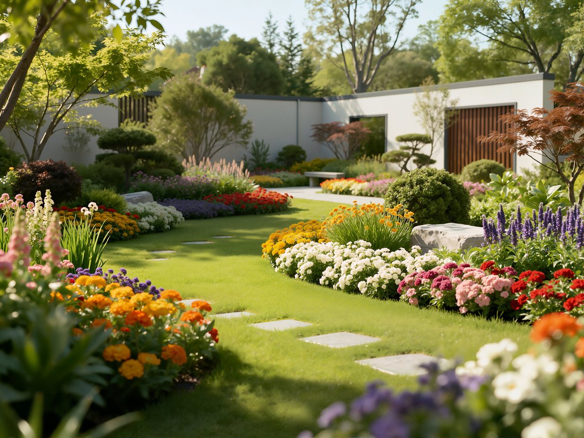 A beautiful contemporary garden with square stepping stones on lush green lawn